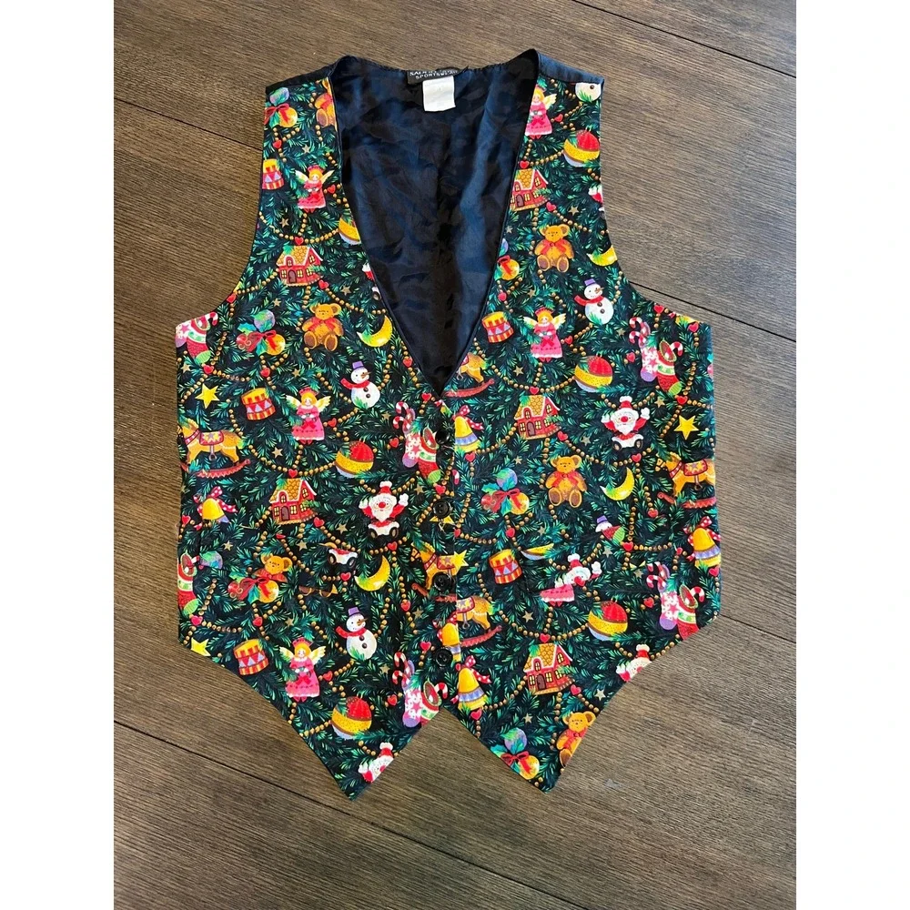 Womens Christmas Vest Holiday Novelty Print Santa Snowman Gingerbread‎ House